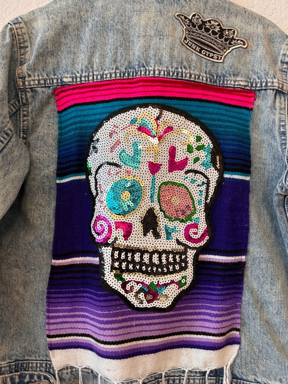 Old Navy Light Wash Denim Jacket with Colorful Embroidery sequin skull - Picture 5 of 8